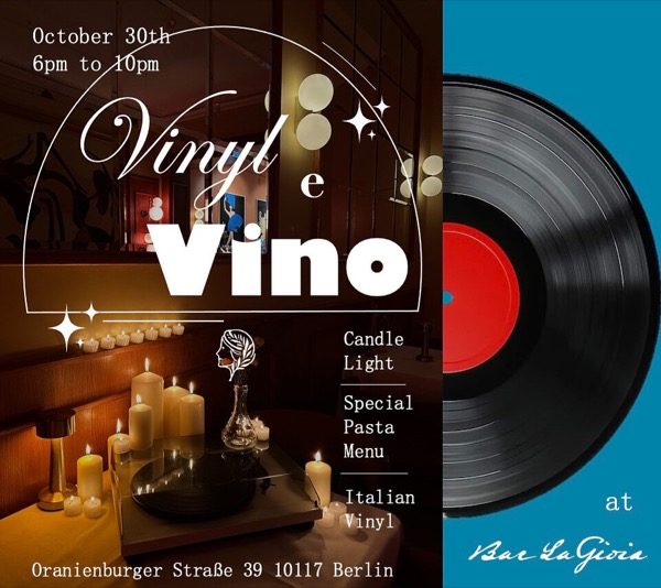 Plakat des vergangenen Abends Vinyl e Vino mit Plattenspieler-Motiv.